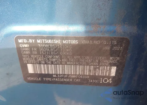 2021 Mitsubishi Mirage G4 Carbonite Edition/Es/Le from USA, damaged, VIN ML32FUFJ5MHF04359